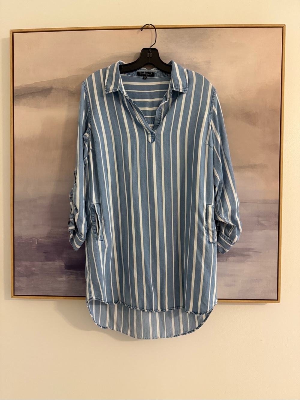 Velvet Heart Blue White Stripe Tencel Tunic Shirt Dress M Popover w Pockets